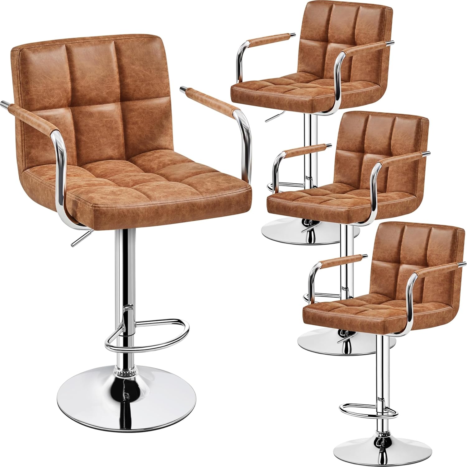 Yaheetech Bar Stools Set of 2, PU Leather Adjustable Swivel Barstools, Hydraulic Kitchen Counter Height Bar Chairs with Armrest and Back for Bar, Kitchen, Dining Room, Beige