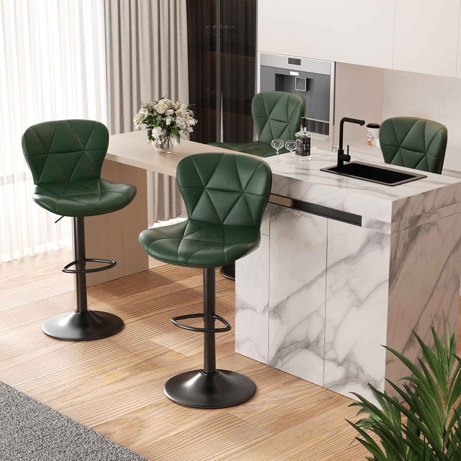 Nalupatio Modern Bar Stools Set of 2, Adjustable Faux Leather Upholstered Swivel Bar Stools, Counter Height Bar Chairs with Back for Kitchen Island, Black