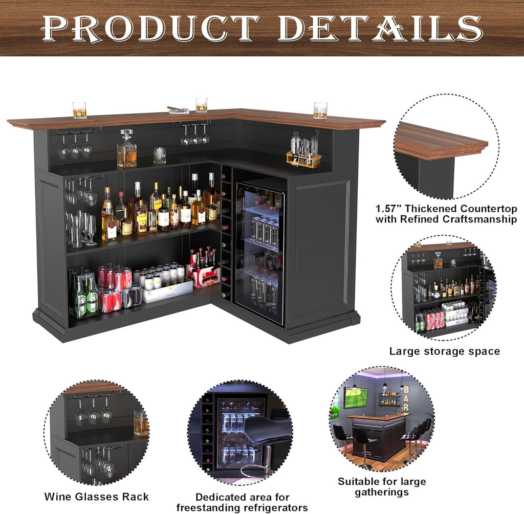 GDLF L Shaped Home Bar Cabinet with Fridge Space, Oversized Modern Basement Bar Table, 67" x 53” Wine Cabinet with Storage for Man Cave