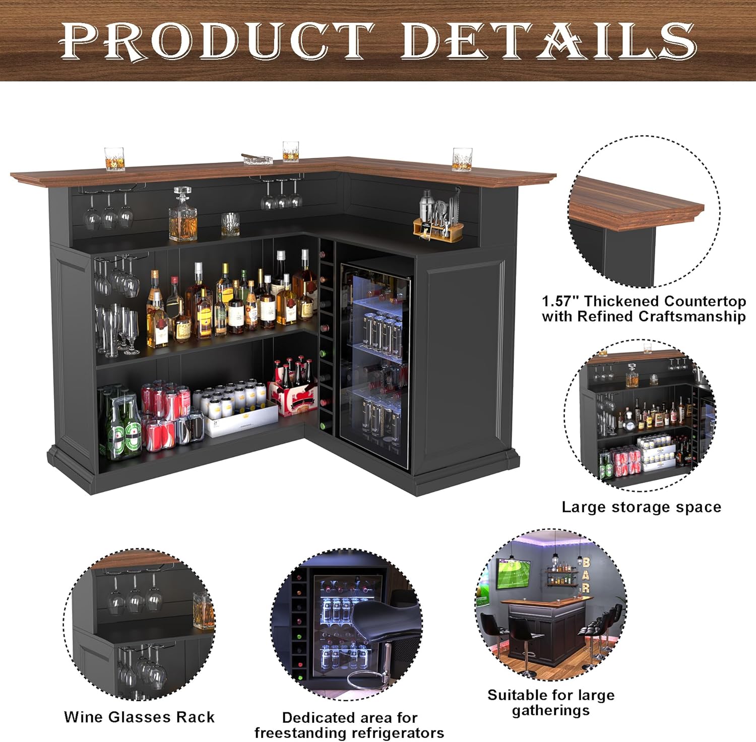 GDLF L Shaped Home Bar Cabinet with Fridge Space, Oversized Modern Basement Bar Table, 67" x 53” Wine Cabinet with Storage for Man Cave