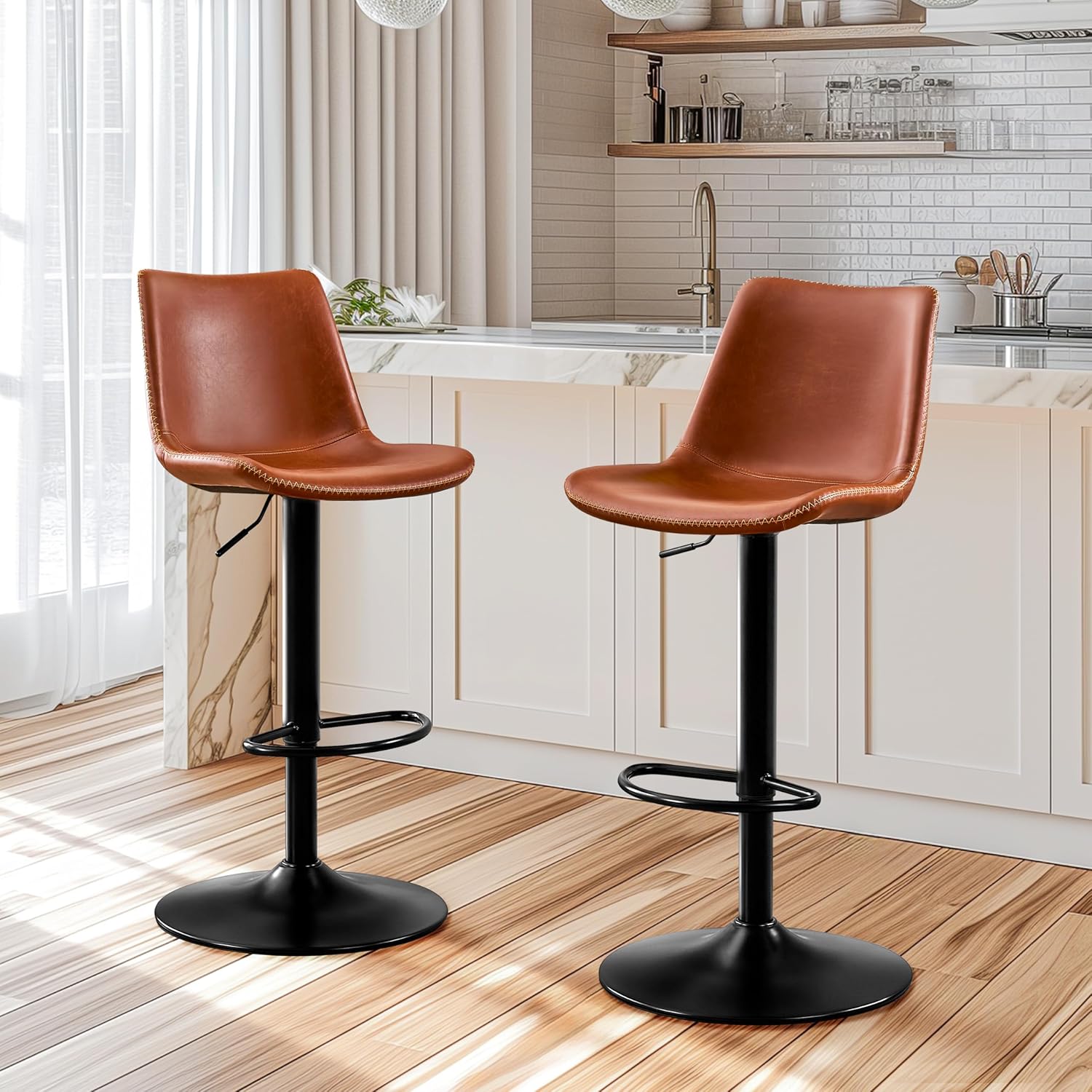 Vintage Bar Stool Height Adjustable Crazy Horse Leather Bar Chair with Wide Seat and Base Bistro Stool, Ergonomic Counter Height Stool with Back for Kitchen Dining Bistro Pubx Set of 2 Brown