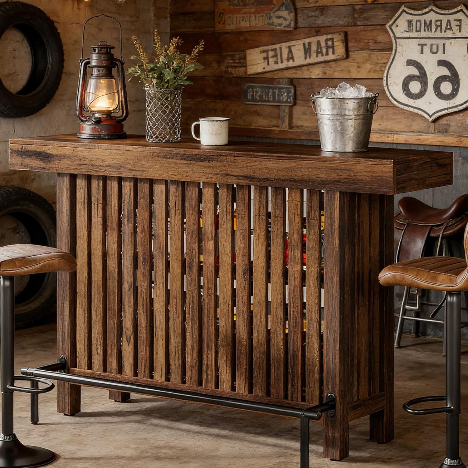 Tribesigns Bar Table with Footrest, 63 Inches Modern Home Bar Unit with 2-Tier Storage, 42" H Counter Height Pub Table for Kitchen Island, Living Room, Dining Room (Rustic Brown)