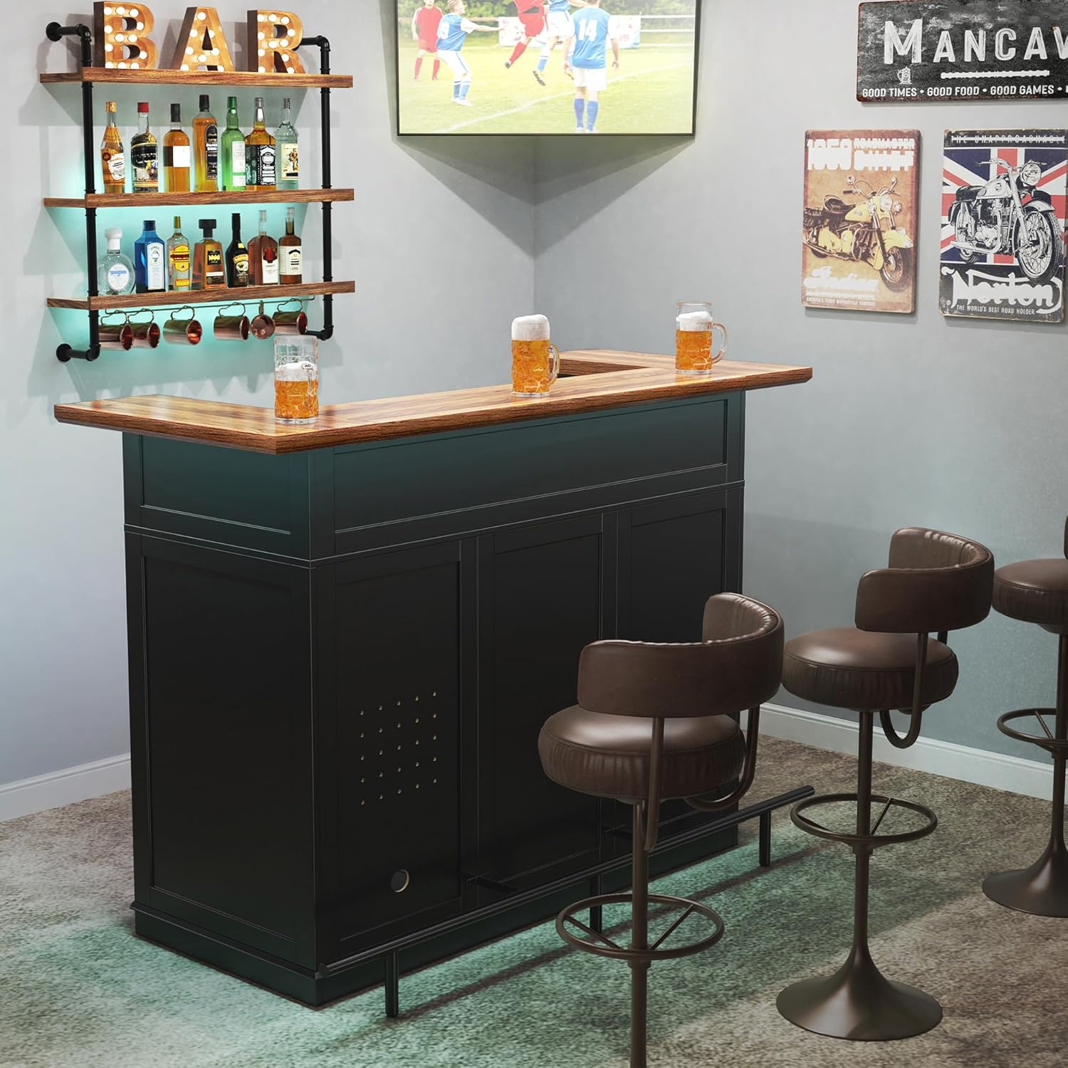 GDLF Home Bar Unit with Fridge Space, U-Shape Liquor Wine Cabinet, 63.1" Mini Bar Table with Storage for Basement or Living Room