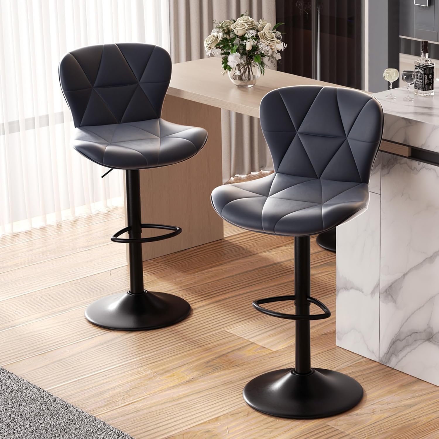 Nalupatio Modern Bar Stools Set of 2, Adjustable Faux Leather Upholstered Swivel Bar Stools, Counter Height Bar Chairs with Back for Kitchen Island, Black