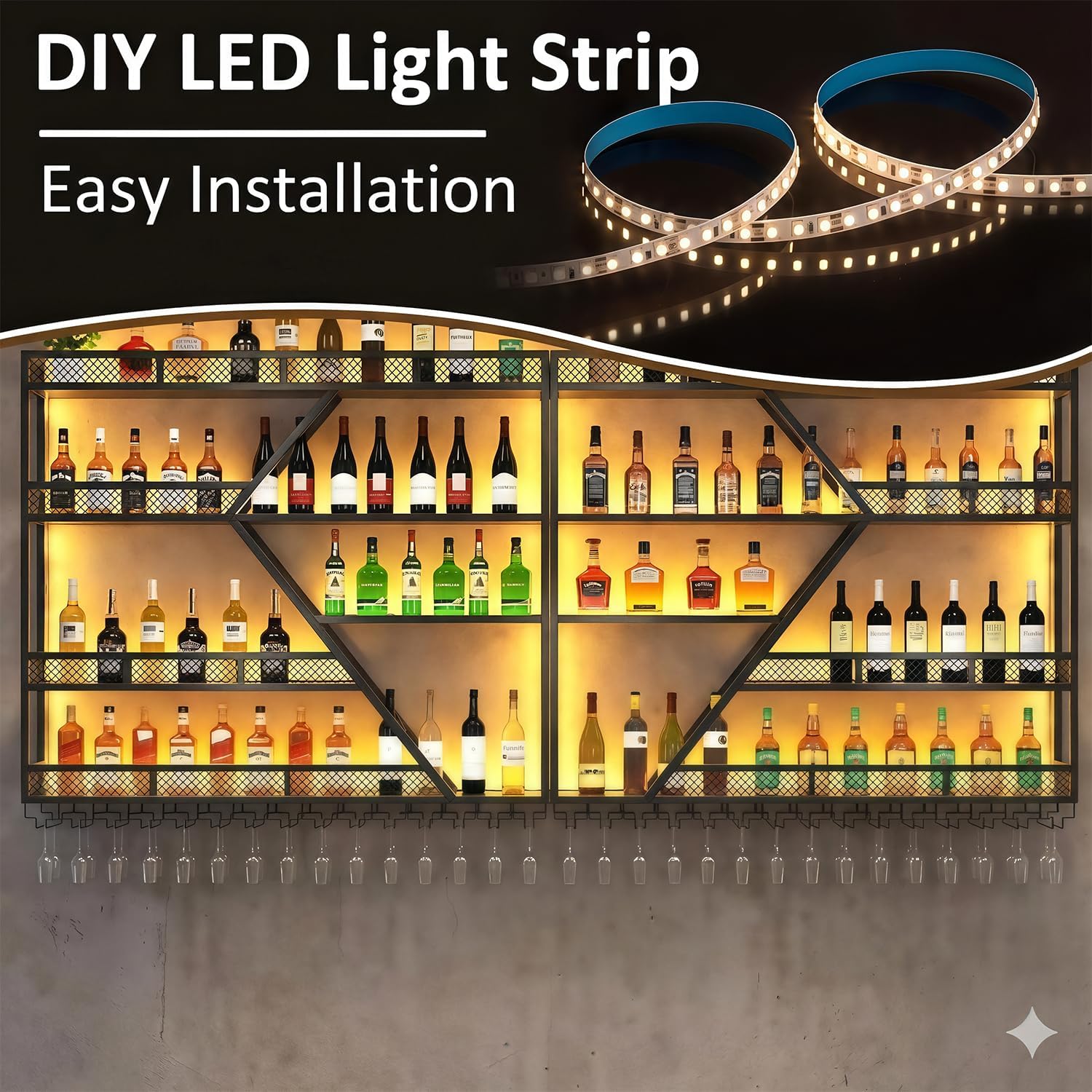 71in Wall Mounted Liquor Shelves with LED Lights, Industrial Metal Wall Bar Rack with Wine Glass Holder, Large Bottle Display Shelf for Home Kitchen (Gold)