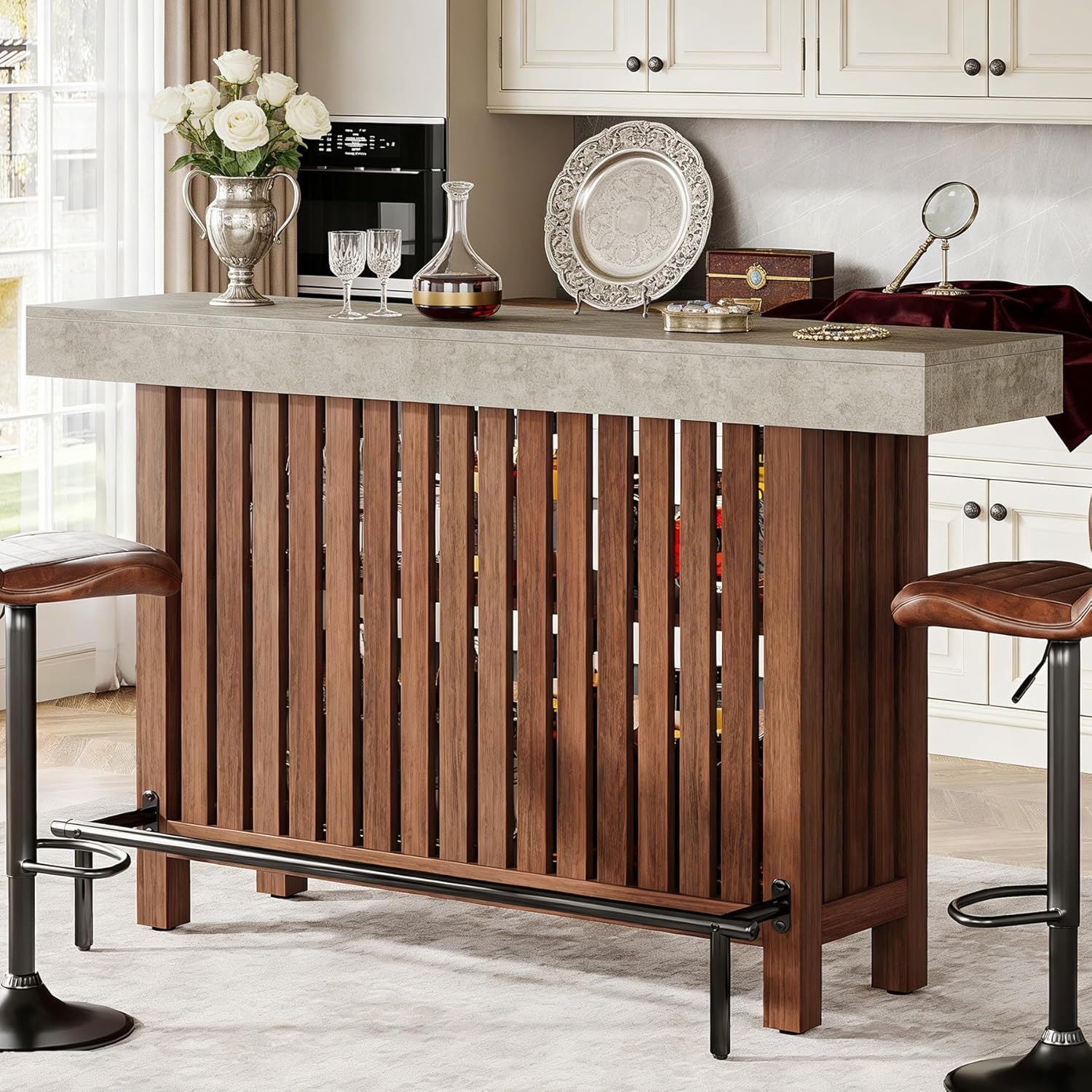 Tribesigns Bar Table with Footrest, 63 Inches Modern Home Bar Unit with 2-Tier Storage, 42" H Counter Height Pub Table for Kitchen Island, Living Room, Dining Room (Black)