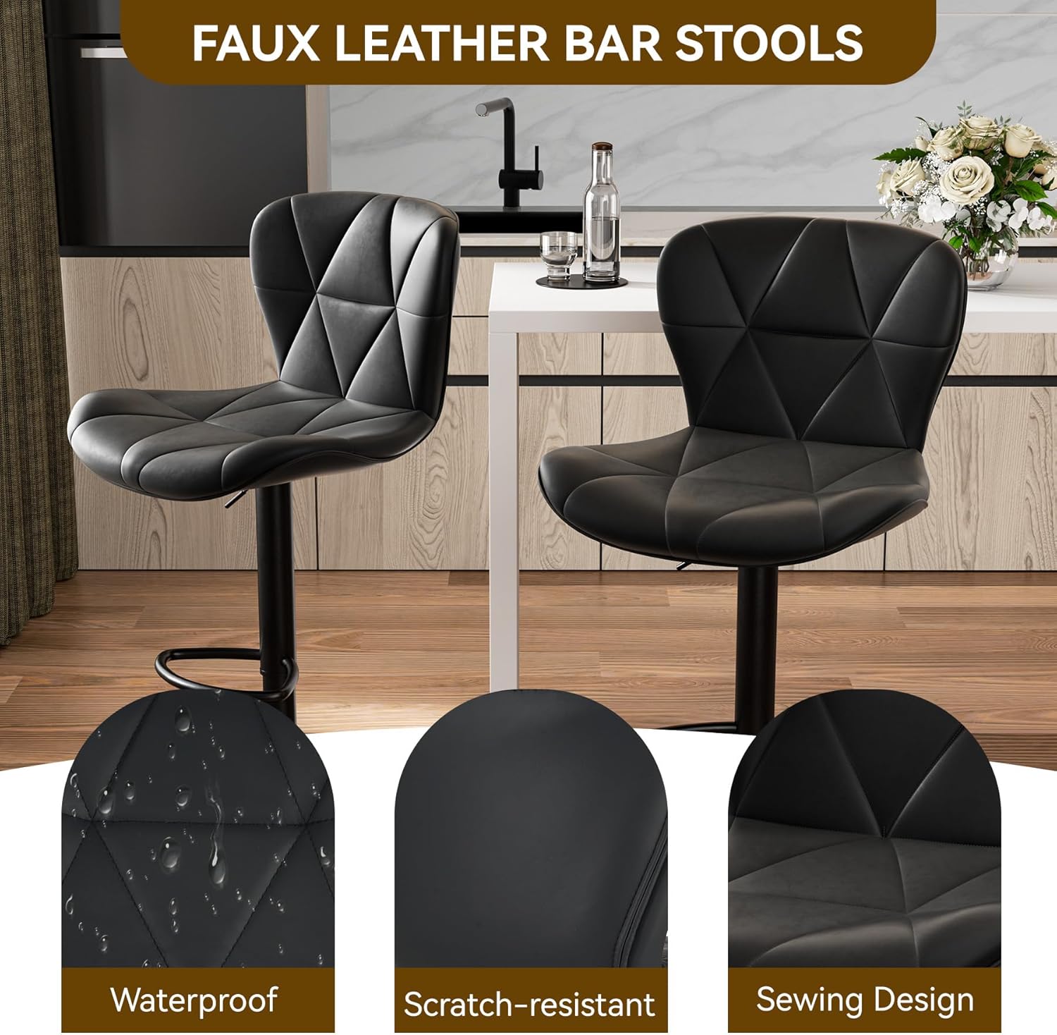 Nalupatio Modern Bar Stools Set of 2, Adjustable Faux Leather Upholstered Swivel Bar Stools, Counter Height Bar Chairs with Back for Kitchen Island, Black