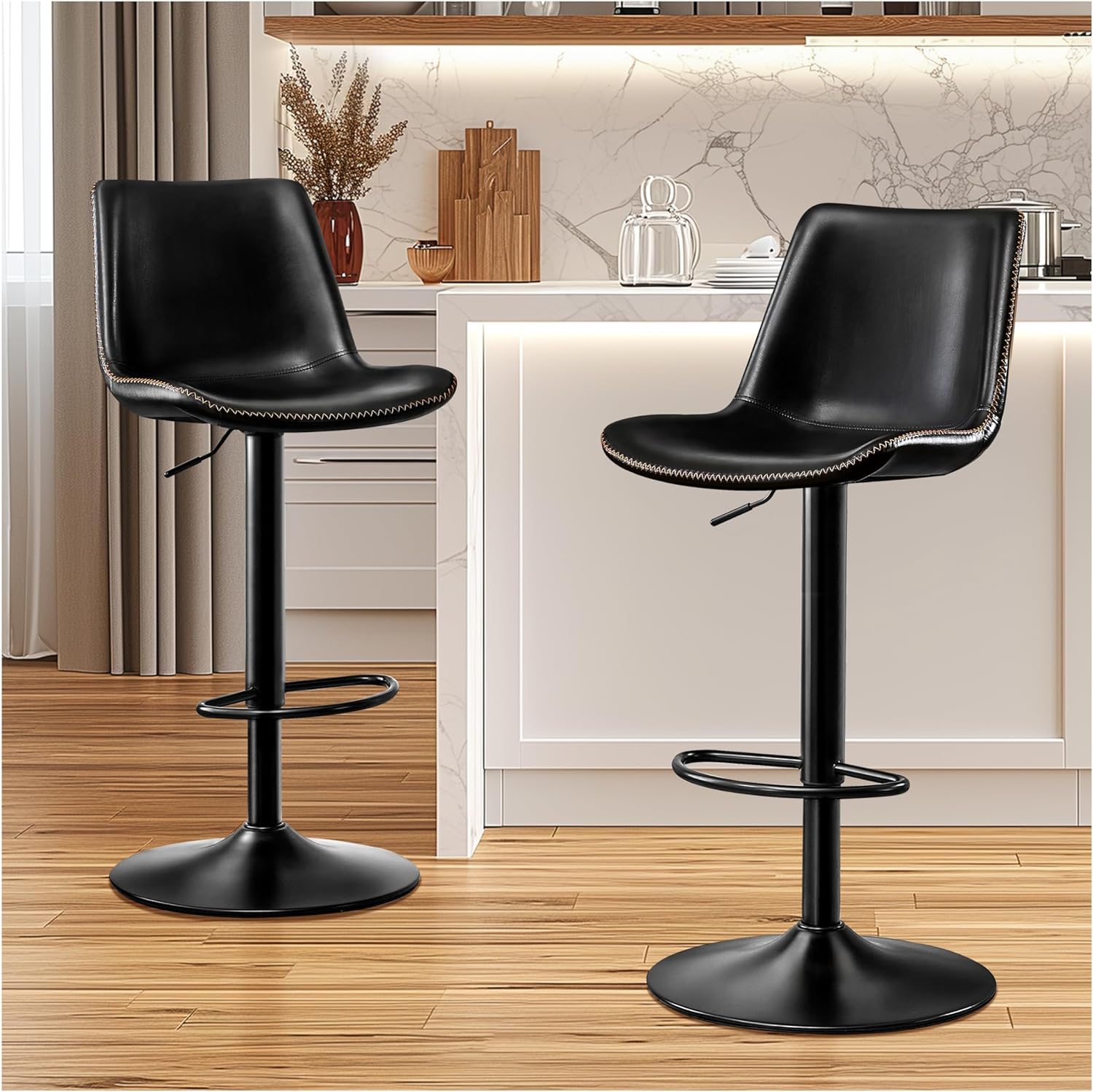 Vintage Bar Stool Height Adjustable Crazy Horse Leather Bar Chair with Wide Seat and Base Bistro Stool, Ergonomic Counter Height Stool with Back for Kitchen Dining Bistro Pubx Set of 2 Brown