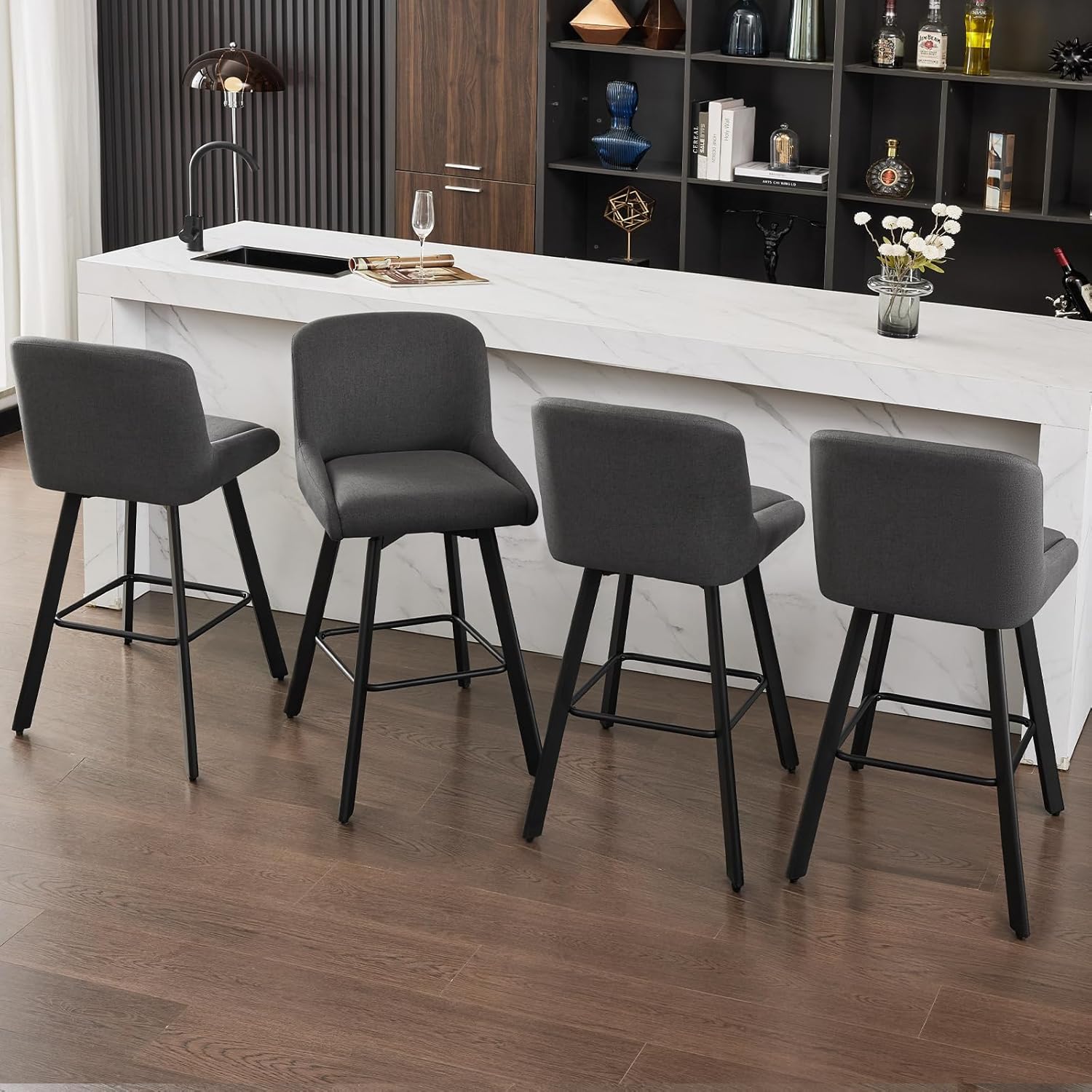 Swivel Bar Stools Set of 2, 26''H Upholstered Barstools with Backs, Modern Counter Height Bar Stool Chairs for Kitchen Island, Metal Legs, Fabric, Gray Counter Stools