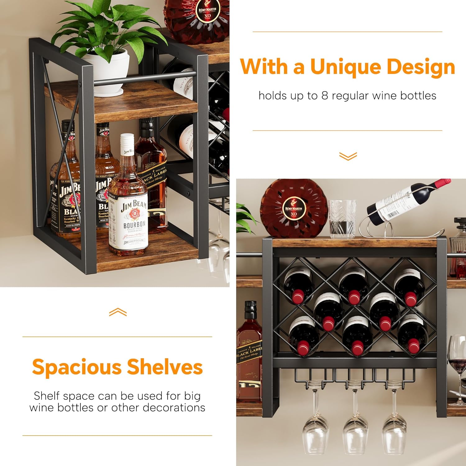 Wall Mounted Wine Rack with Glass Holder, Wood-Metal Retro Bar Shelf, Wine Bottles Display Wall Storage for Kitchen Dining Room Home Bar