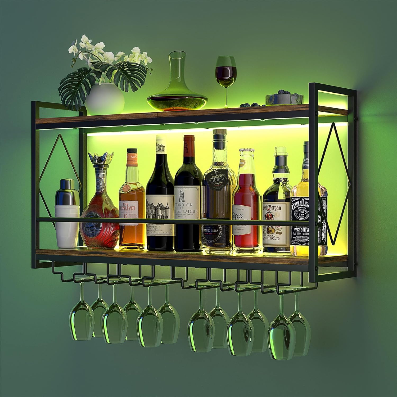Nidouillet Wall Mounted Wine Rack with LED Light, 31.5" Bar Liquor Shelves with Glass Holder, Metal Hanging Bar Shelves Wine Storage Rack Display for Kitchen Home Bar Dining Room Living Room