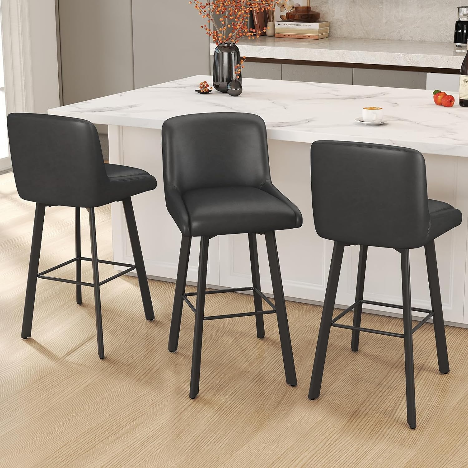 Swivel Bar Stools Set of 2, 26''H Upholstered Barstools with Backs, Modern Counter Height Bar Stool Chairs for Kitchen Island, Metal Legs, Fabric, Gray Counter Stools