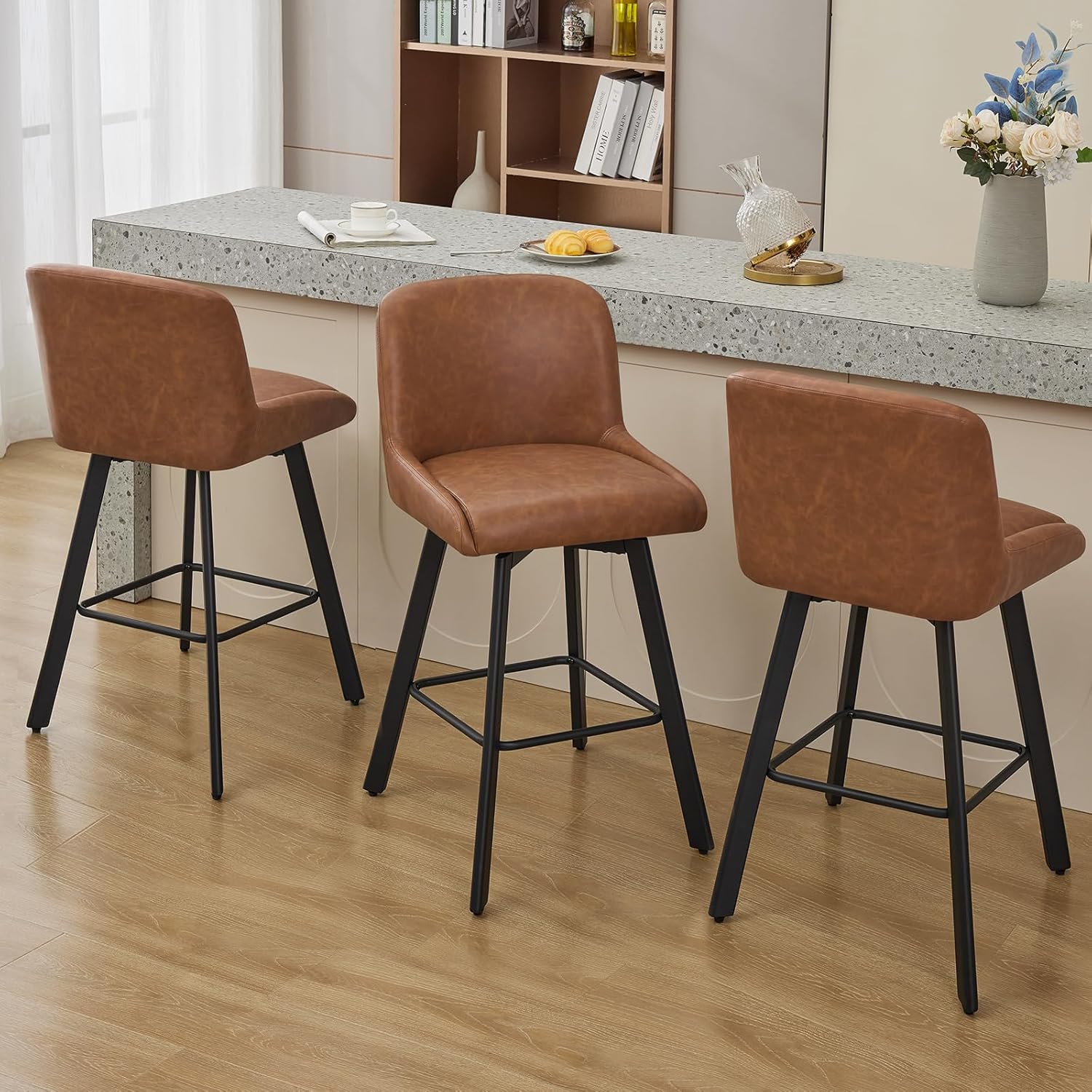 Swivel Bar Stools Set of 2, 26''H Upholstered Barstools with Backs, Modern Counter Height Bar Stool Chairs for Kitchen Island, Metal Legs, Fabric, Gray Counter Stools
