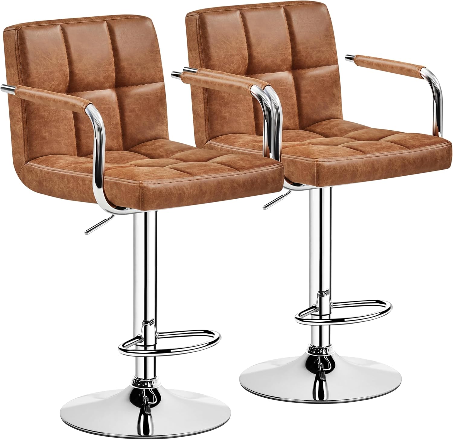 Yaheetech Bar Stools Set of 2, PU Leather Adjustable Swivel Barstools, Hydraulic Kitchen Counter Height Bar Chairs with Armrest and Back for Bar, Kitchen, Dining Room, Beige