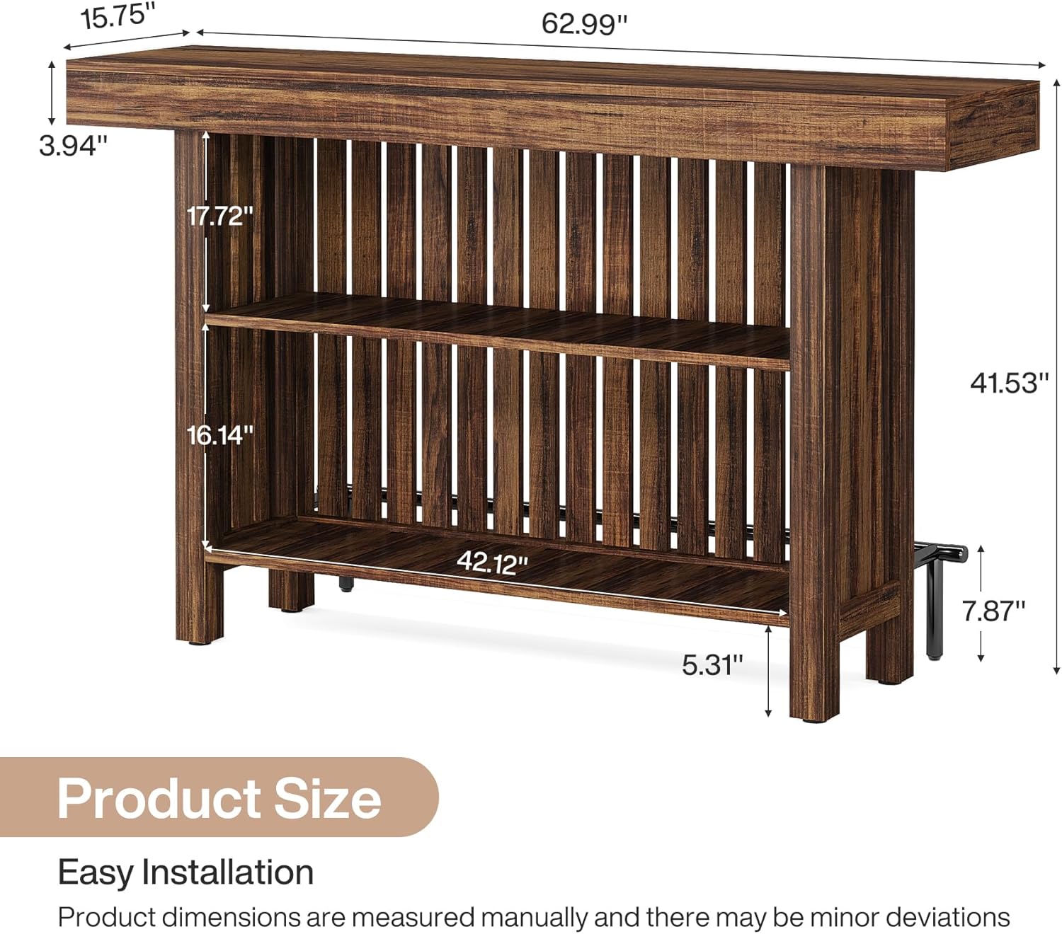 Tribesigns Bar Table with Footrest, 63 Inches Modern Home Bar Unit with 2-Tier Storage, 42" H Counter Height Pub Table for Kitchen Island, Living Room, Dining Room (Rustic Brown)