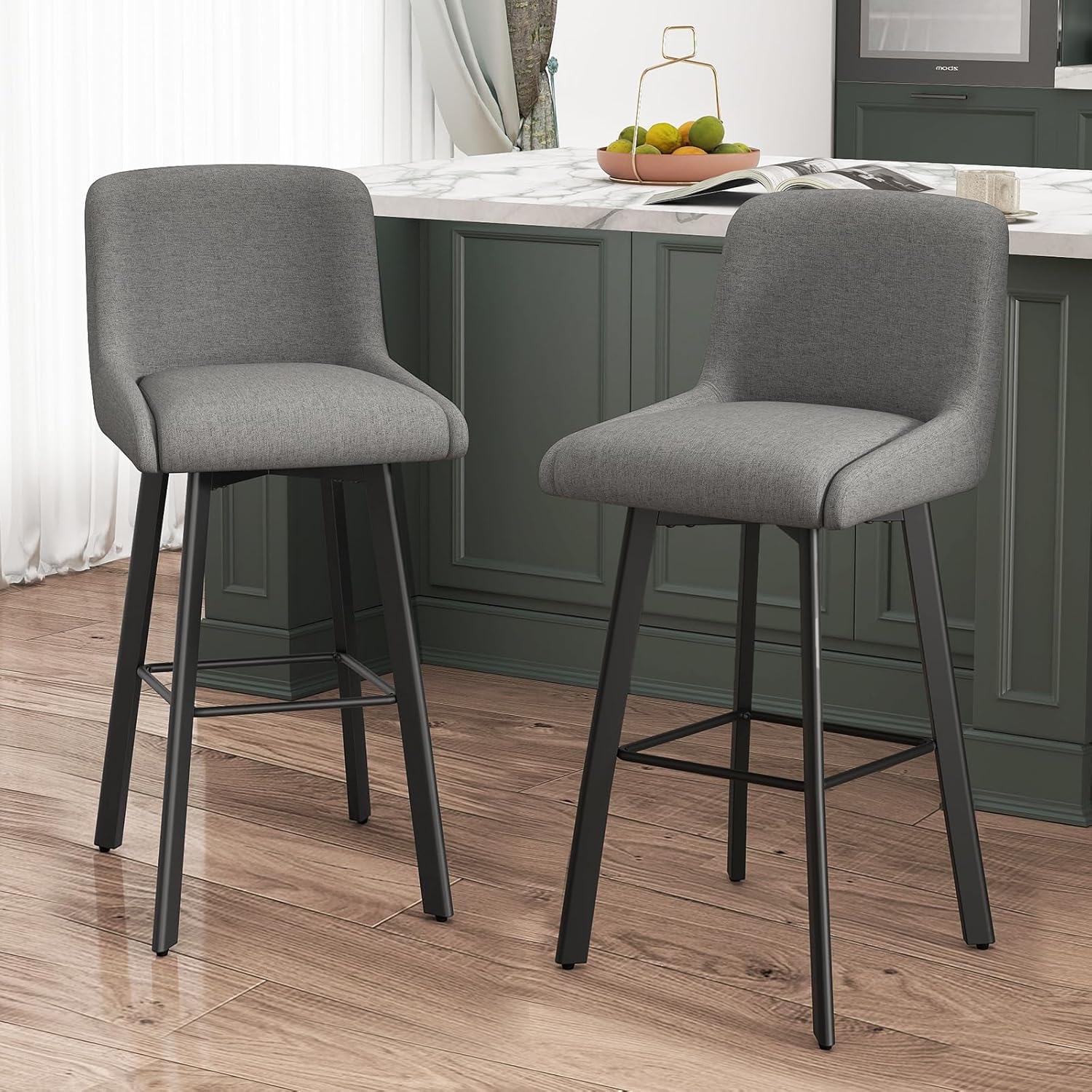 Swivel Bar Stools Set of 2, 26''H Upholstered Barstools with Backs, Modern Counter Height Bar Stool Chairs for Kitchen Island, Metal Legs, Fabric, Gray Counter Stools
