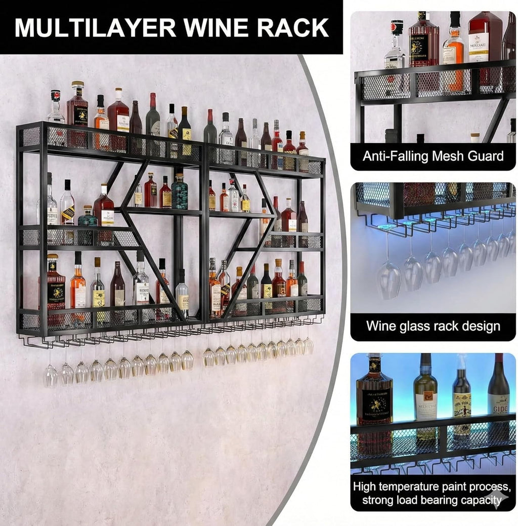 71in Wall Mounted Liquor Shelves with LED Lights, Industrial Metal Wall Bar Rack with Wine Glass Holder, Large Bottle Display Shelf for Home Kitchen (Gold)