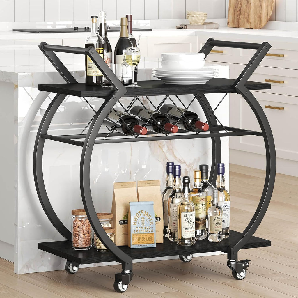 LVB Black Wine Cart with Wheels, Modern Bar Cart with Wine Rack, Industrial Beverage Rolling Kitchen Serving Cart with Storage, Metal Wooden Microwave Drink Liquor Cart for Home Dining Room, Black Oak