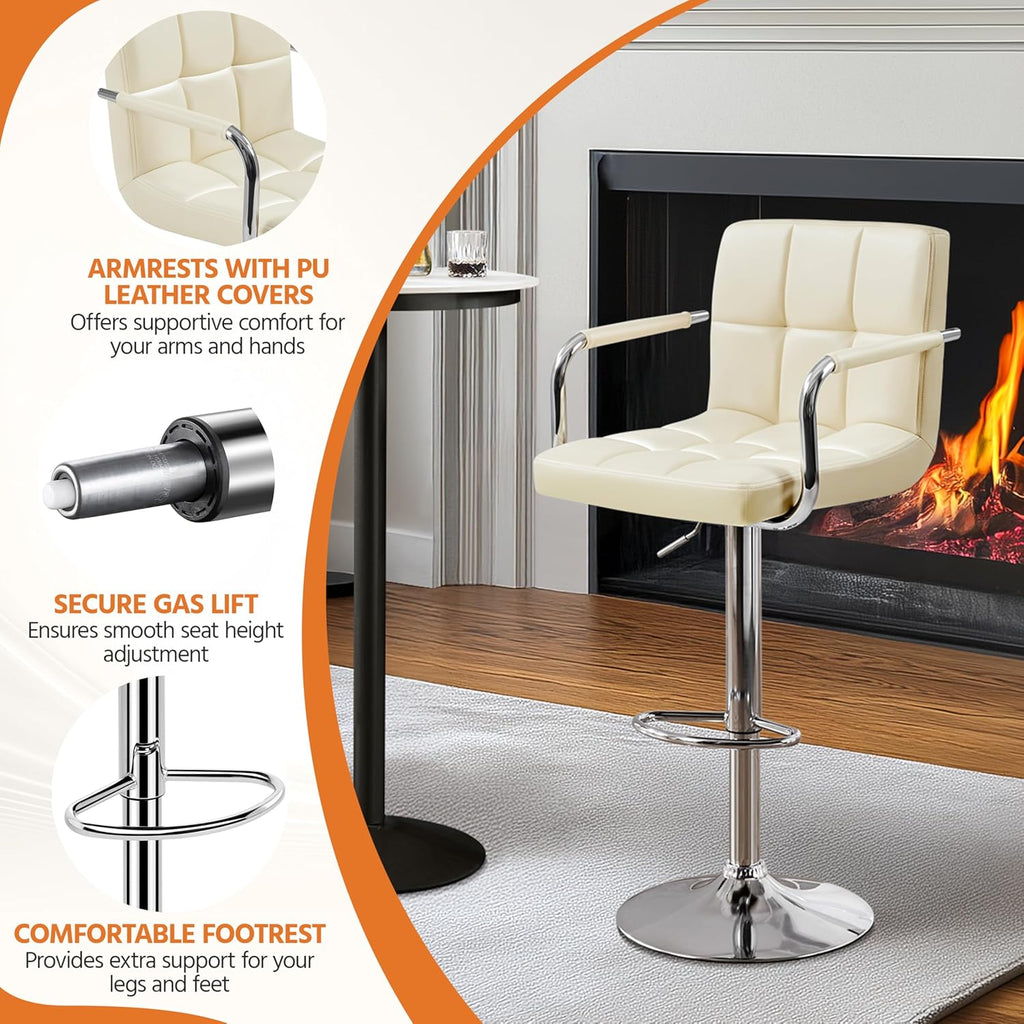 Yaheetech Bar Stools Set of 2, PU Leather Adjustable Swivel Barstools, Hydraulic Kitchen Counter Height Bar Chairs with Armrest and Back for Bar, Kitchen, Dining Room, Beige