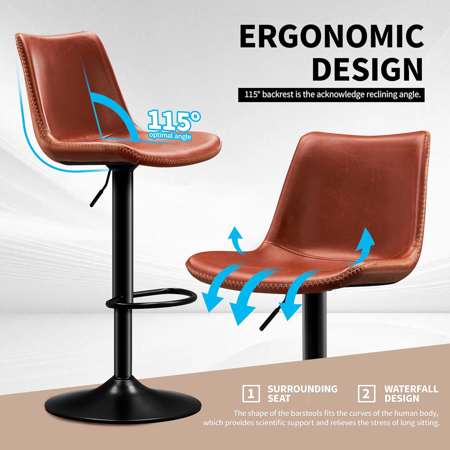 Vintage Bar Stool Height Adjustable Crazy Horse Leather Bar Chair with Wide Seat and Base Bistro Stool, Ergonomic Counter Height Stool with Back for Kitchen Dining Bistro Pubx Set of 2 Brown