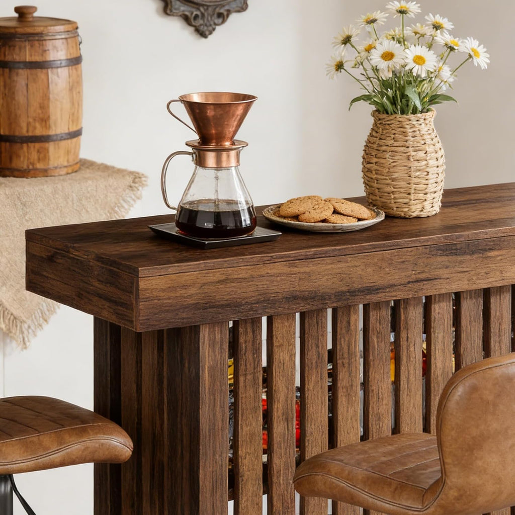 Tribesigns Bar Table with Footrest, 63 Inches Modern Home Bar Unit with 2-Tier Storage, 42" H Counter Height Pub Table for Kitchen Island, Living Room, Dining Room (Rustic Brown)