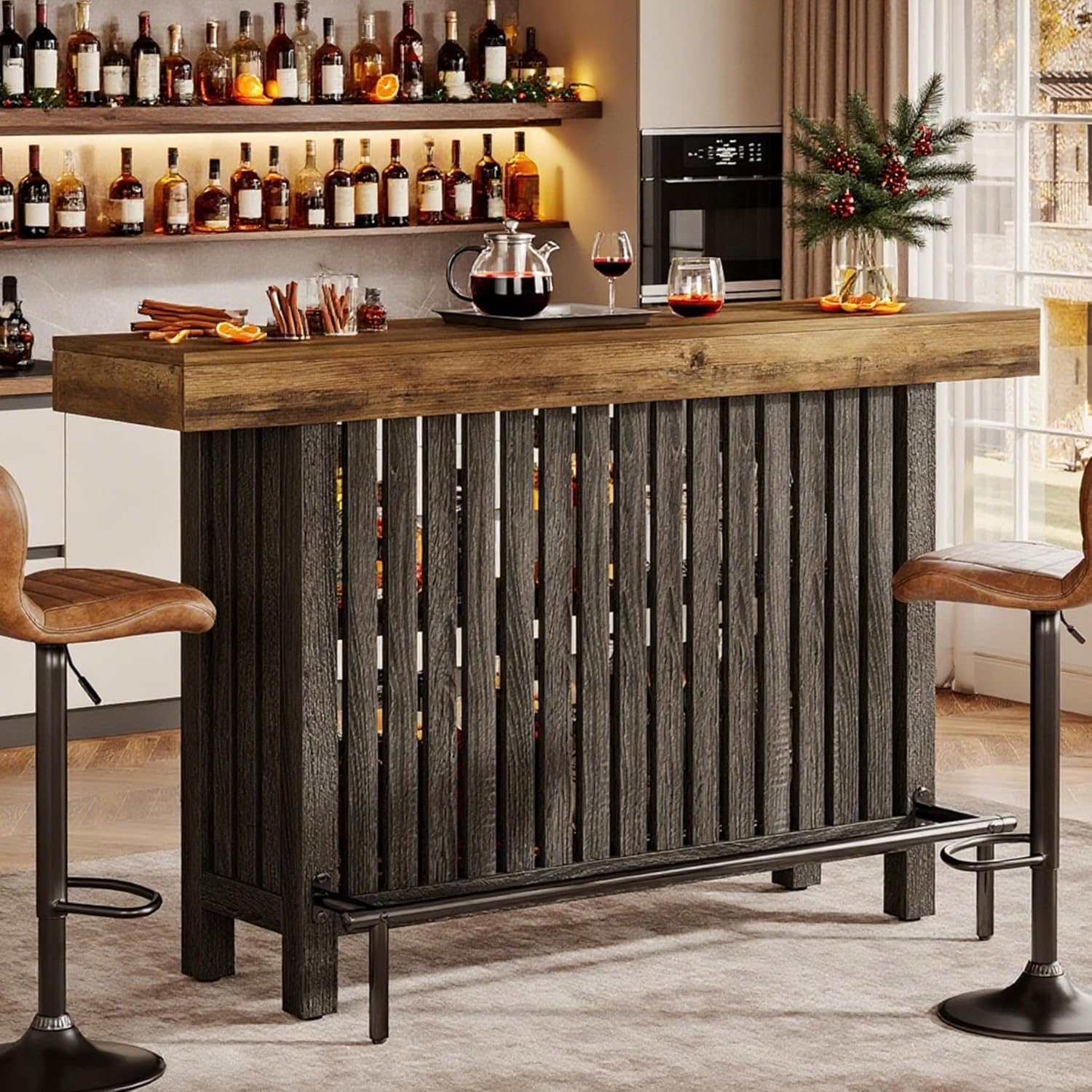 Tribesigns Bar Table with Footrest, 63 Inches Modern Home Bar Unit with 2-Tier Storage, 42" H Counter Height Pub Table for Kitchen Island, Living Room, Dining Room (Rustic Brown)