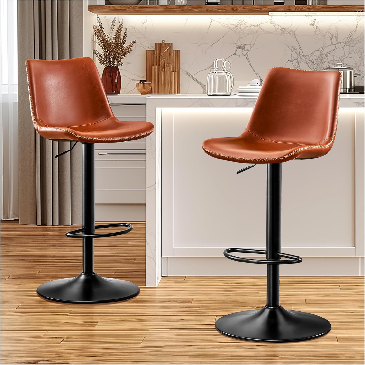 Vintage Bar Stool Height Adjustable Crazy Horse Leather Bar Chair with Wide Seat and Base Bistro Stool, Ergonomic Counter Height Stool with Back for Kitchen Dining Bistro Pubx Set of 2 Brown