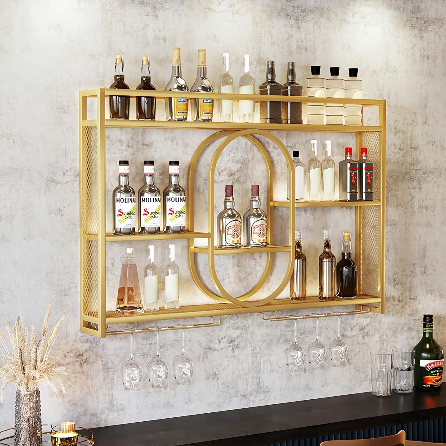 39 Inch Metal Wall Mounted Wine Rack, 3 Tier Bar Shelves with Glass Holder, Large Capacity Modern Liquor Shelves for Home Bar, Dining Room & Kitchen, Black