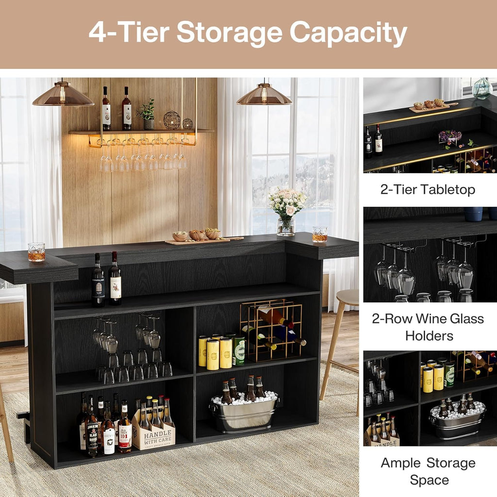Tribesigns 4-Tier Bar Table, 70.9-Inch Large Wooden Home Bar Unit with Wine Glass Holder and Black Footrest, Pub Table with Storage Shelves for Dining Room, Living Room, Black