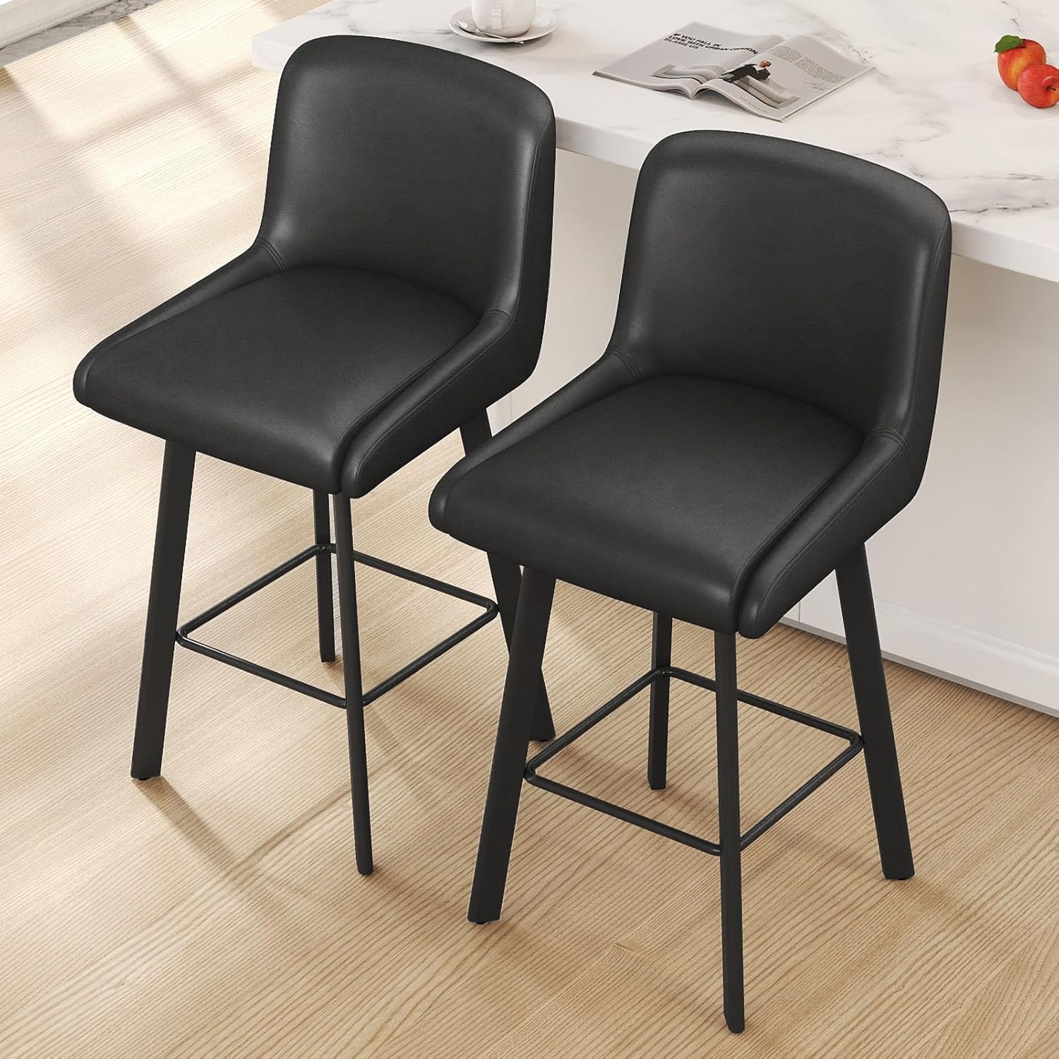 Swivel Bar Stools Set of 2, 26''H Upholstered Barstools with Backs, Modern Counter Height Bar Stool Chairs for Kitchen Island, Metal Legs, Fabric, Gray Counter Stools