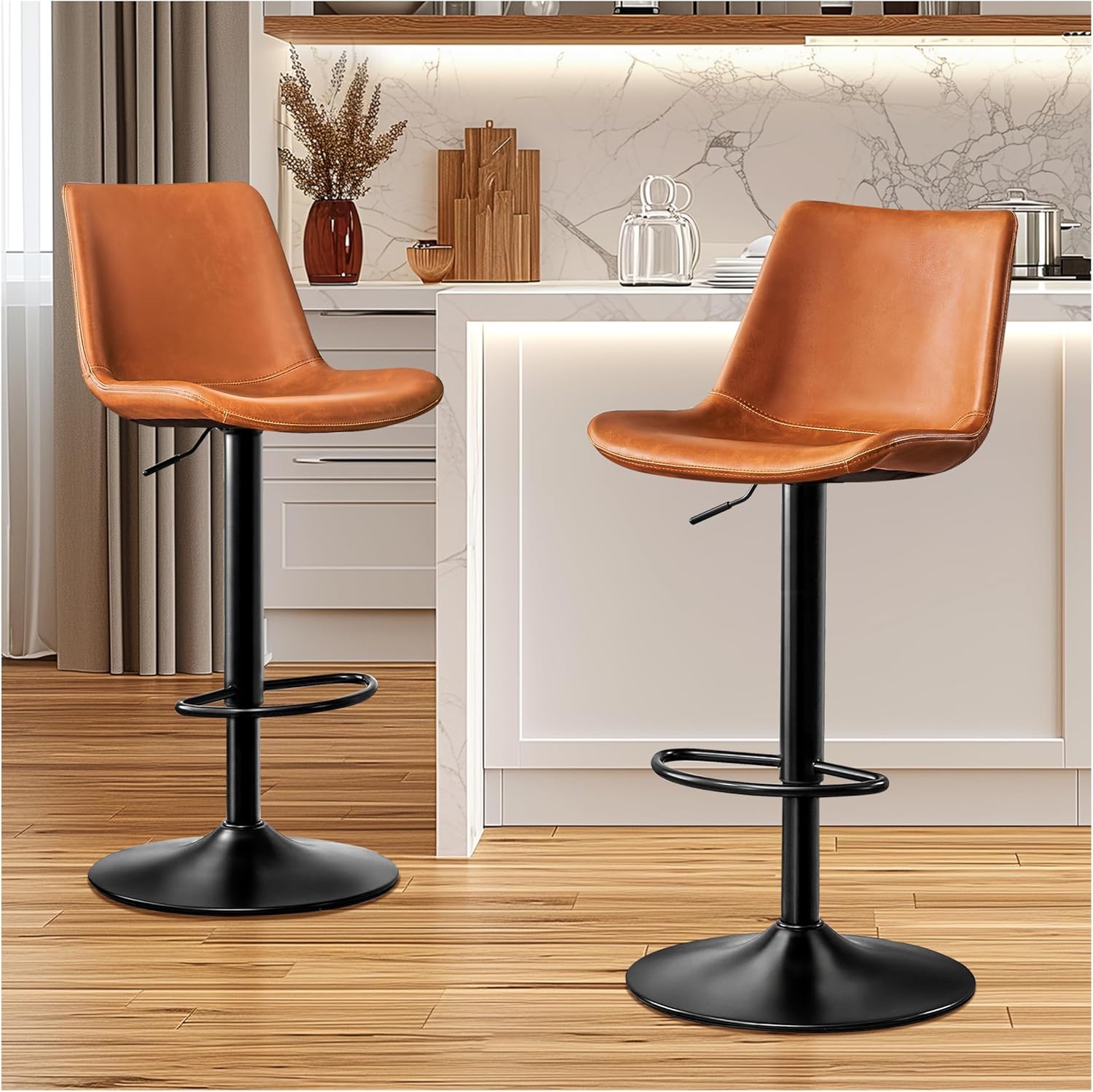 Vintage Bar Stool Height Adjustable Crazy Horse Leather Bar Chair with Wide Seat and Base Bistro Stool, Ergonomic Counter Height Stool with Back for Kitchen Dining Bistro Pubx Set of 2 Brown