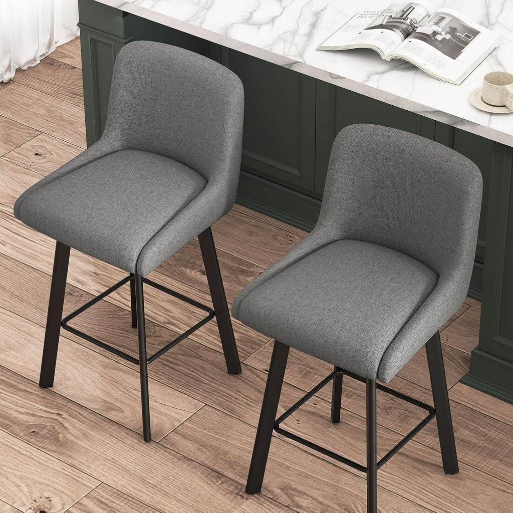 Swivel Bar Stools Set of 2, 26''H Upholstered Barstools with Backs, Modern Counter Height Bar Stool Chairs for Kitchen Island, Metal Legs, Fabric, Gray Counter Stools