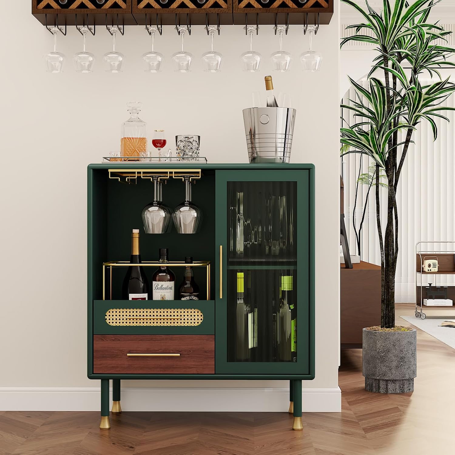 ARTPOWER Modern Coffee Bar Cabinet with Wine Glass Rack and Drawers, Green Liquor Cabinet with Pull-Out Wine Storage for Kitchen, Dining Room, Living Room | Wine Glass Rack, Drawers
