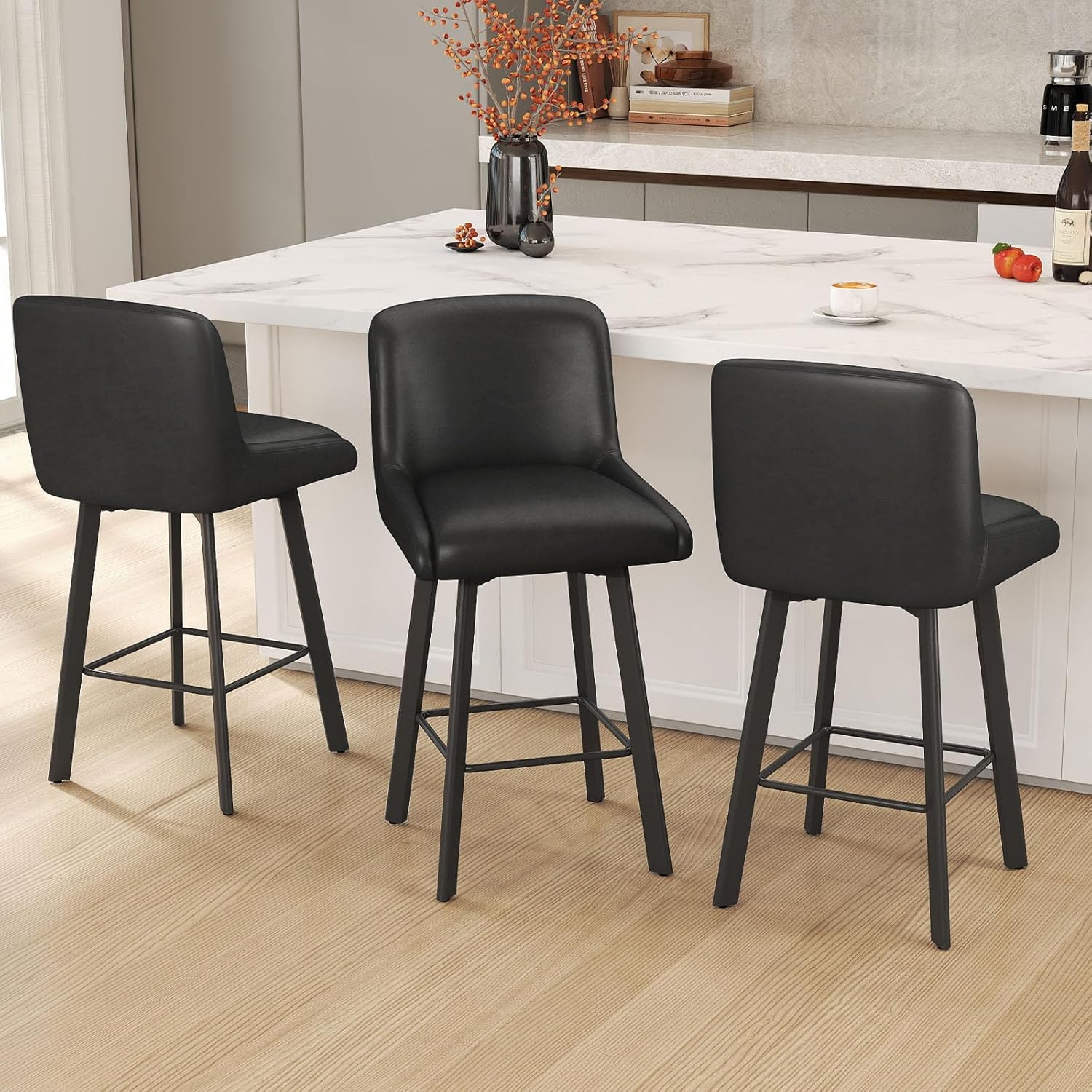 Swivel Bar Stools Set of 2, 26''H Upholstered Barstools with Backs, Modern Counter Height Bar Stool Chairs for Kitchen Island, Metal Legs, Fabric, Gray Counter Stools