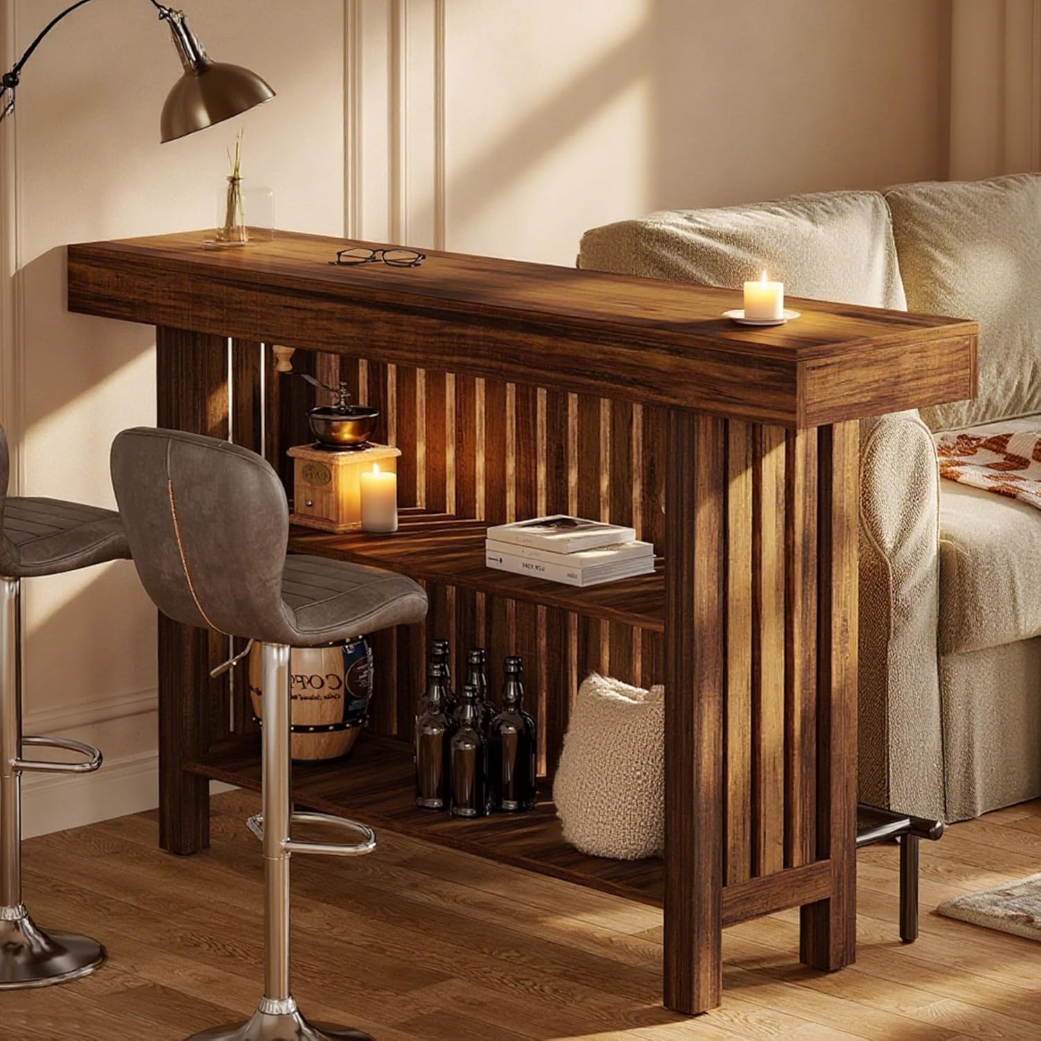 Tribesigns Bar Table with Footrest, 63 Inches Modern Home Bar Unit with 2-Tier Storage, 42" H Counter Height Pub Table for Kitchen Island, Living Room, Dining Room (Rustic Brown)