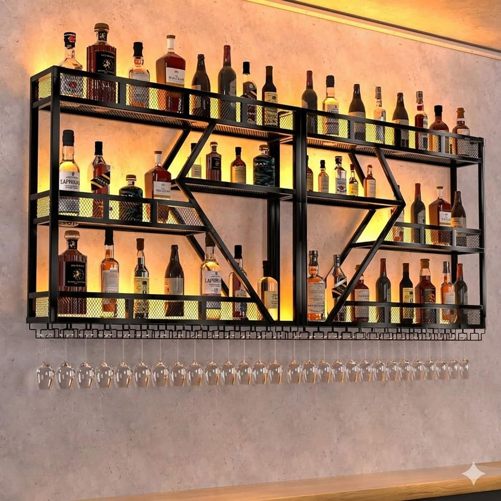 71in Wall Mounted Liquor Shelves with LED Lights, Industrial Metal Wall Bar Rack with Wine Glass Holder, Large Bottle Display Shelf for Home Kitchen (Gold)