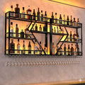 71in Wall Mounted Liquor Shelves with LED Lights, Industrial Metal Wall Bar Rack with Wine Glass Holder, Large Bottle Display Shelf for Home Kitchen (Gold)