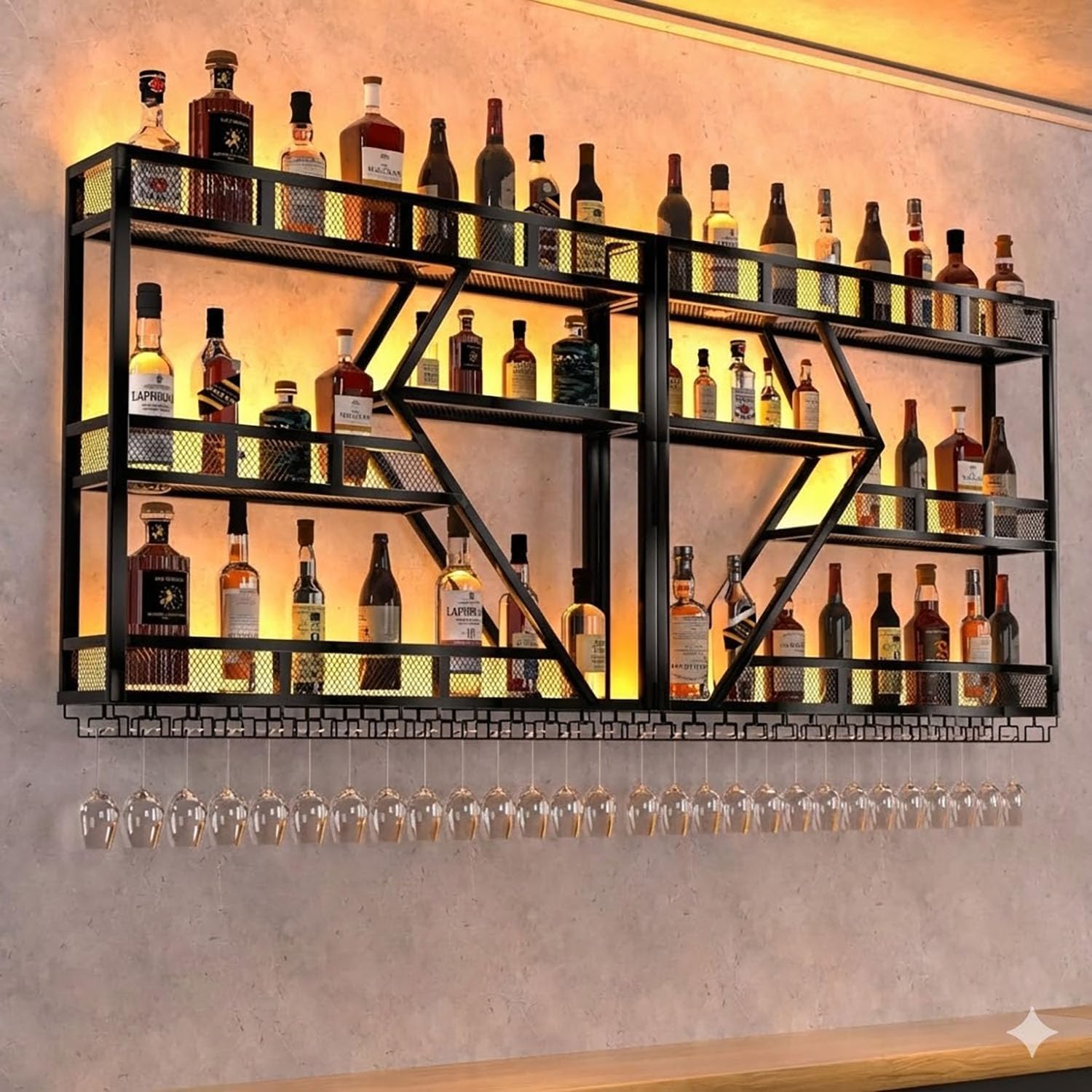 71in Wall Mounted Liquor Shelves with LED Lights, Industrial Metal Wall Bar Rack with Wine Glass Holder, Large Bottle Display Shelf for Home Kitchen (Gold)
