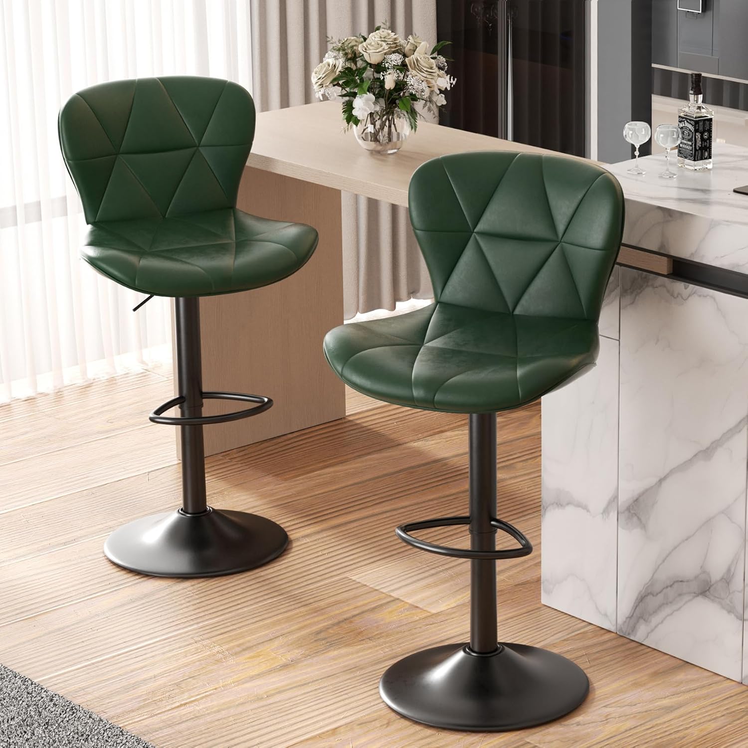 Nalupatio Modern Bar Stools Set of 2, Adjustable Faux Leather Upholstered Swivel Bar Stools, Counter Height Bar Chairs with Back for Kitchen Island, Black