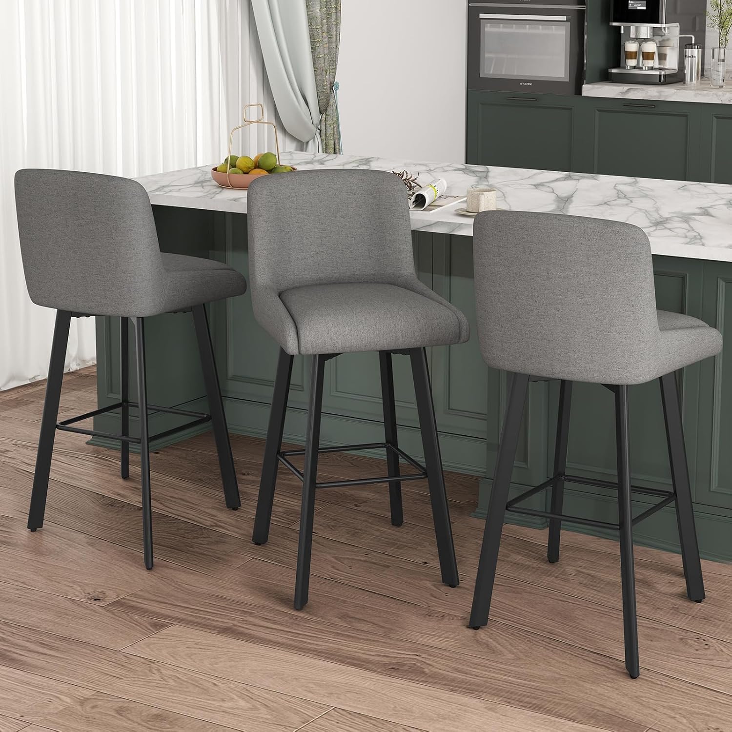 Swivel Bar Stools Set of 2, 26''H Upholstered Barstools with Backs, Modern Counter Height Bar Stool Chairs for Kitchen Island, Metal Legs, Fabric, Gray Counter Stools