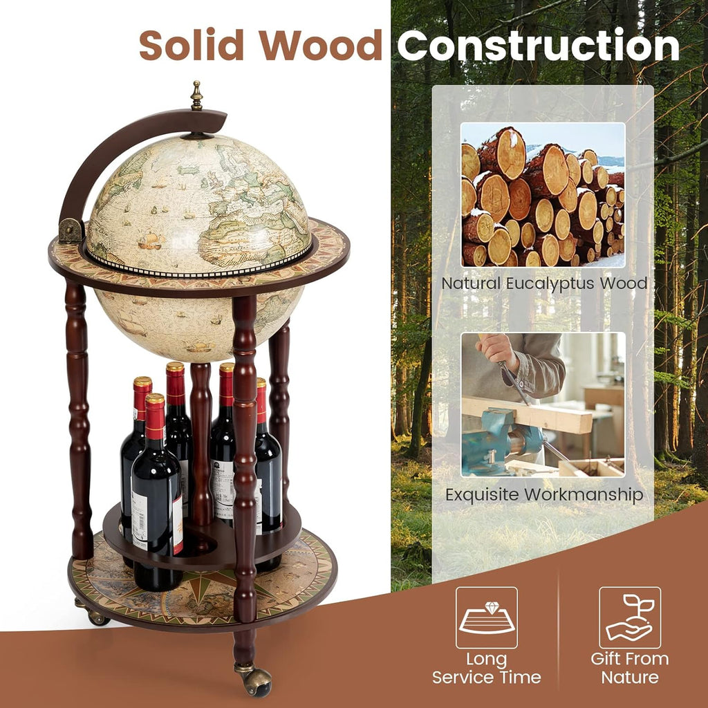 Goplus Globe Bar, 17.5” Globe Bar Liquor Cabinet with Wheels, Bottom Shelf, Old World Map, 16th Century Italian Replica Bar Globe, Retro Wine Stand, Globe Bar Cart for Dining Room Living Room Home