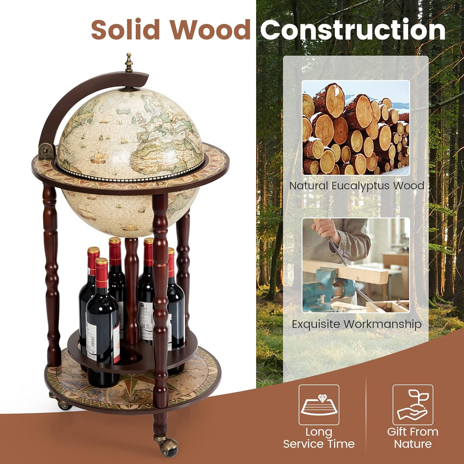 Goplus Globe Bar, 17.5” Globe Bar Liquor Cabinet with Wheels, Bottom Shelf, Old World Map, 16th Century Italian Replica Bar Globe, Retro Wine Stand, Globe Bar Cart for Dining Room Living Room Home