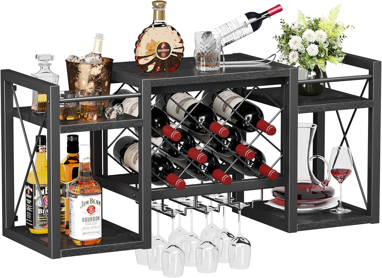 Wall Mounted Wine Rack with Glass Holder, Wood-Metal Retro Bar Shelf, Wine Bottles Display Wall Storage for Kitchen Dining Room Home Bar