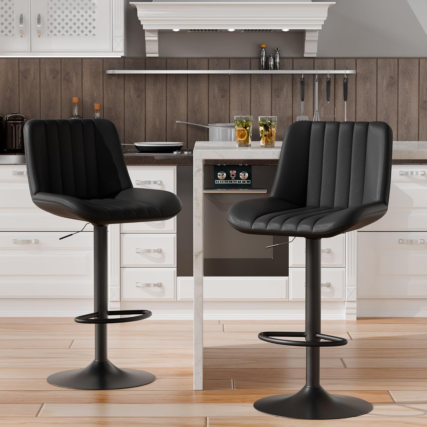 Shintenchi Swivel Bar Stools Set of 2, Adjustable Faux Leather Upholstered Swivel Counter Stools, Armless Bar Height Island Chairs with Back and Footrest, Black