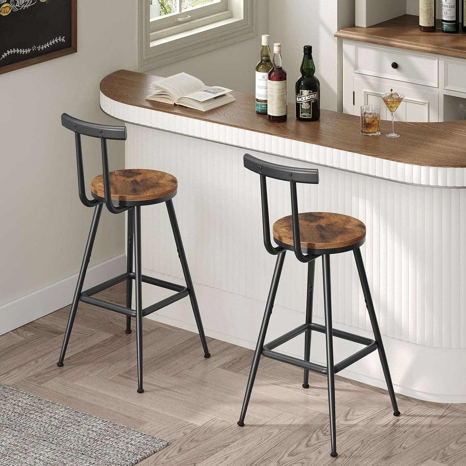 Bar Stools, Set of 2 Bar Chairs with Backrest and Footrest, 26" Tall Counter Stools, Metal Frame, Adjustable Feet, Easy Assembly, for Kitchen, Living Room, Pub, Rustic Brown BAHR6001