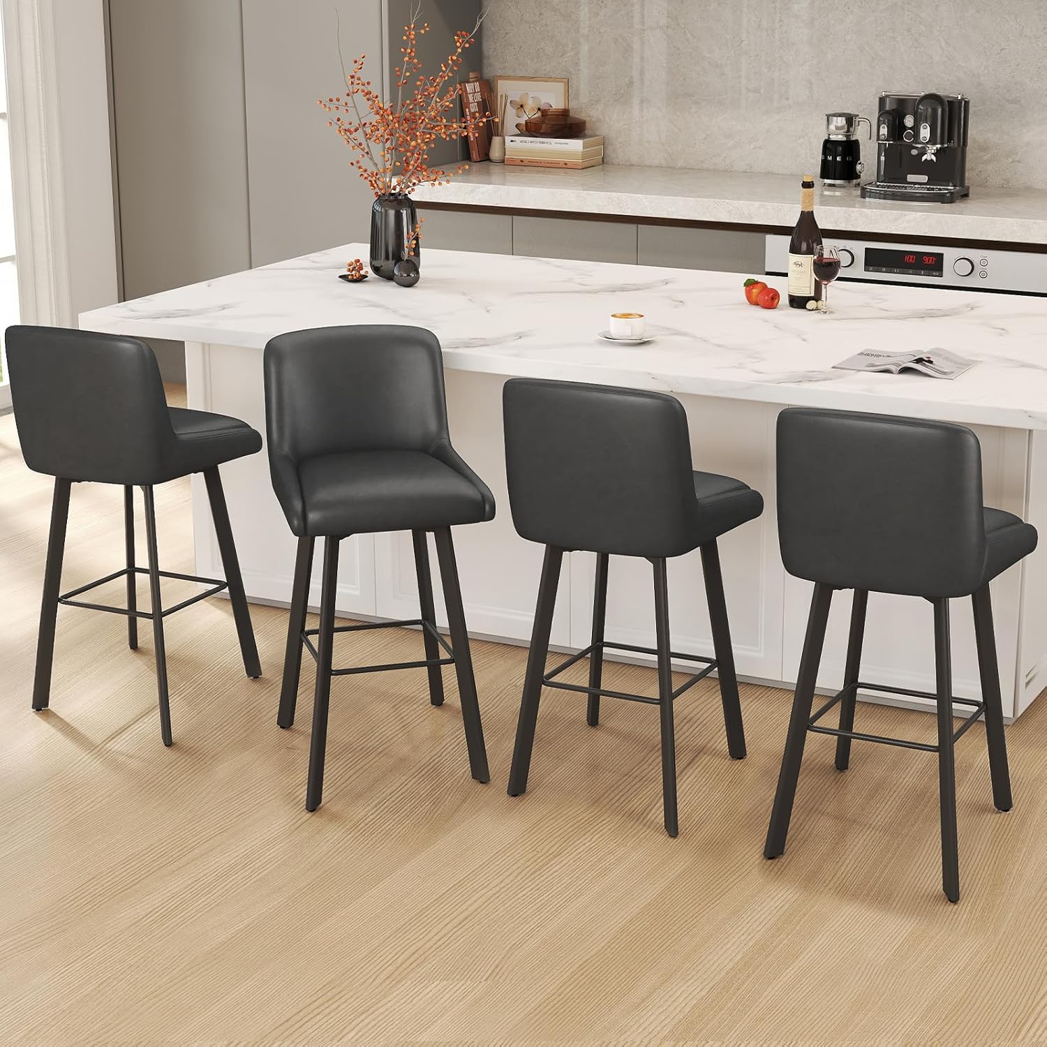 Swivel Bar Stools Set of 2, 26''H Upholstered Barstools with Backs, Modern Counter Height Bar Stool Chairs for Kitchen Island, Metal Legs, Fabric, Gray Counter Stools