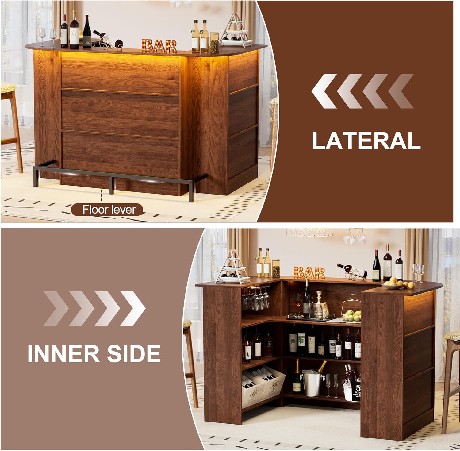 PAKASEPT Home Unit Bar Cabinet with LED Light & Stemware Holders, 3 Tier Liquor Bar Wooden Storage Cabinet, Modern U-Shaped Liquor Table Cabinet for Living Room, Dining Room