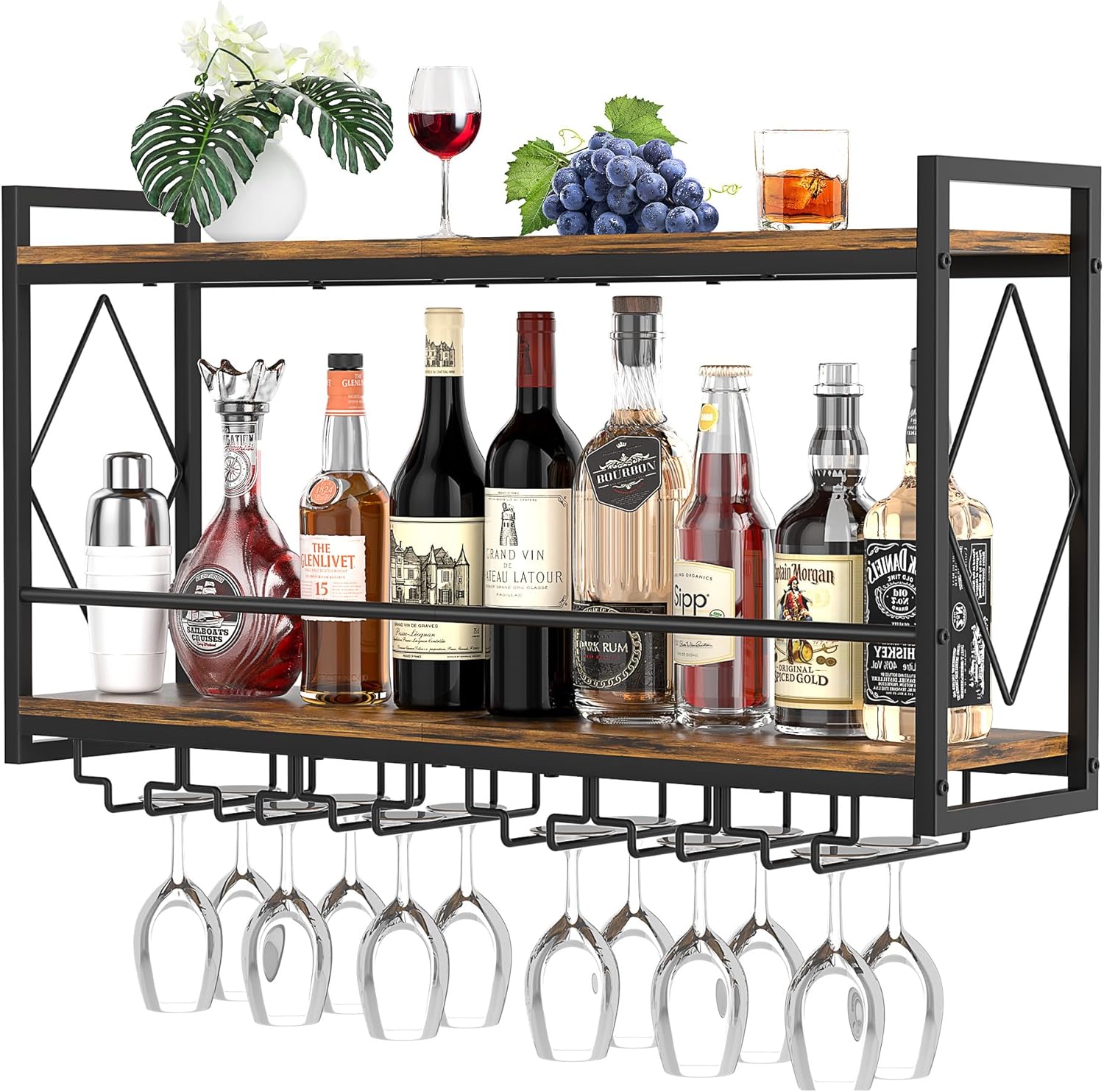 Nidouillet Wall Mounted Wine Rack with LED Light, 31.5" Bar Liquor Shelves with Glass Holder, Metal Hanging Bar Shelves Wine Storage Rack Display for Kitchen Home Bar Dining Room Living Room