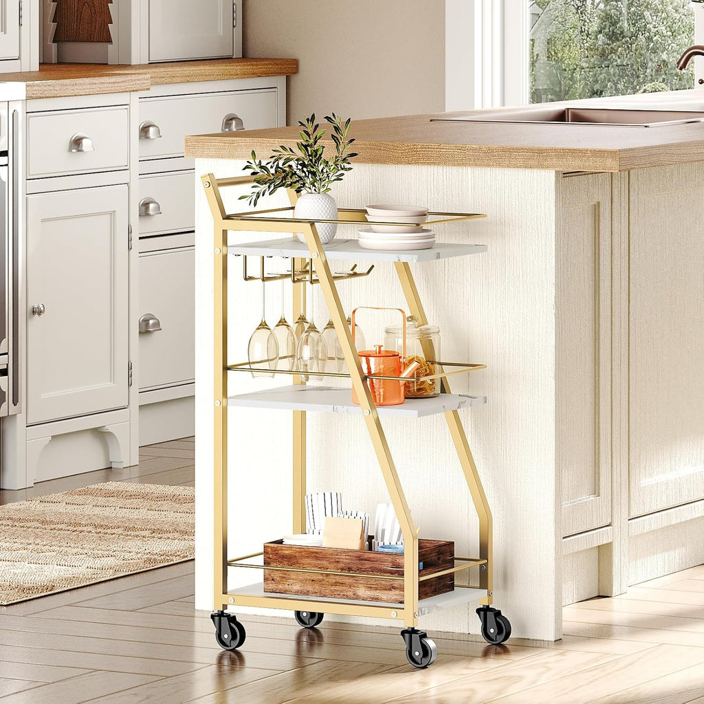 Bar Cart, Gold Bar Cart for The Home, Small Bar Cart on Wheels, Beverage Cart, Home Bar Serving Cart with Glass Holder, Drink Cart for Bar, Kitchen, Marble White and Gold BC03DW
