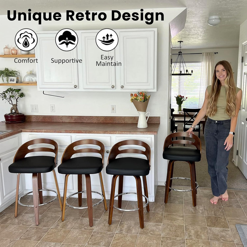 Counter Stools Set of 2, Counter Height Bar Stools with Walnut Crafts, Bentwood Curved Back, Upholstered Faux Leather, Soft Cushion Seat, Swivel Counter Chairs for Island/Pub (Green, 26" Seat Height)